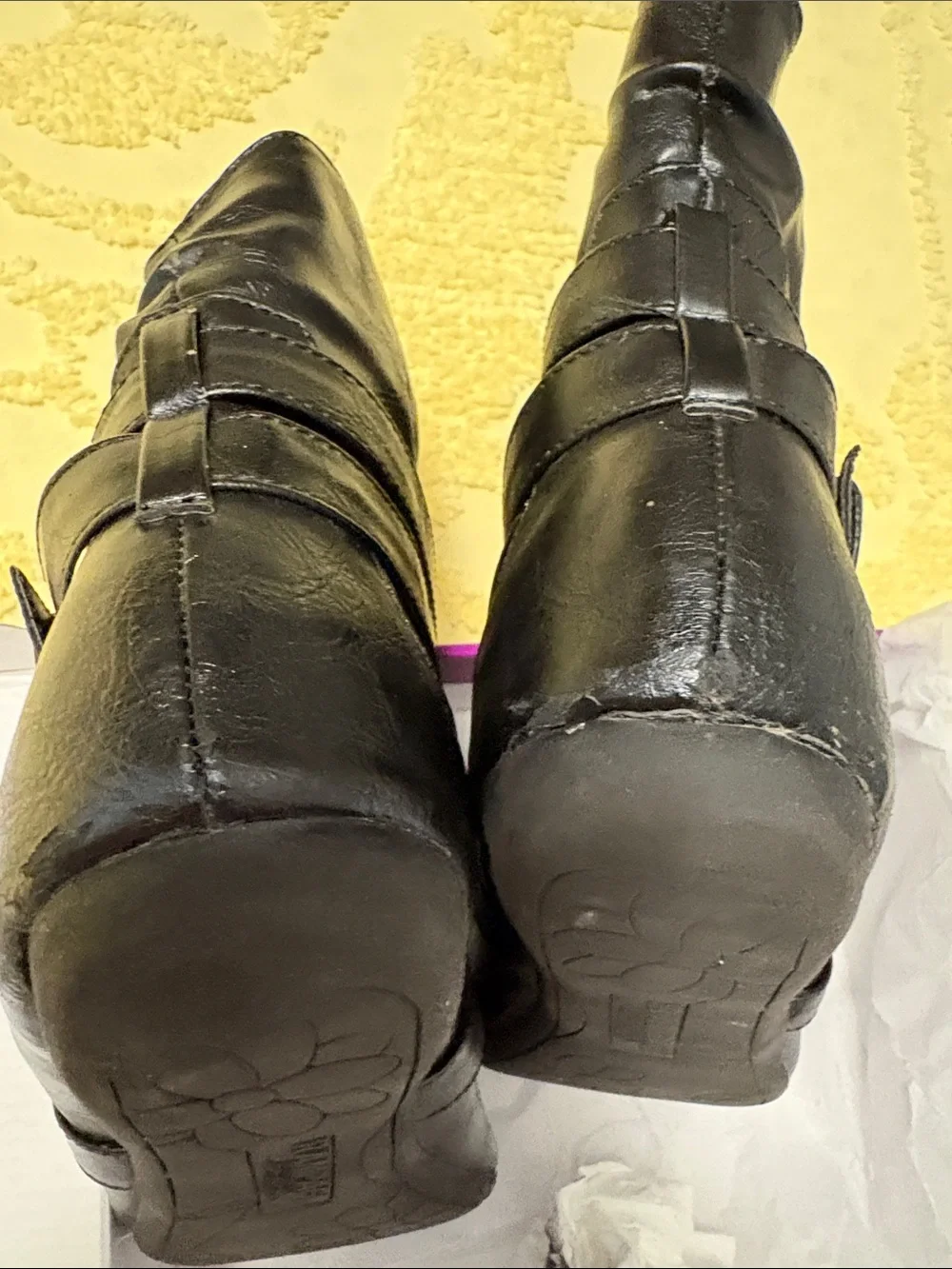 Women’s Black Ankle Boots with Wrap Strap Size 10M - slight ware on back of boot